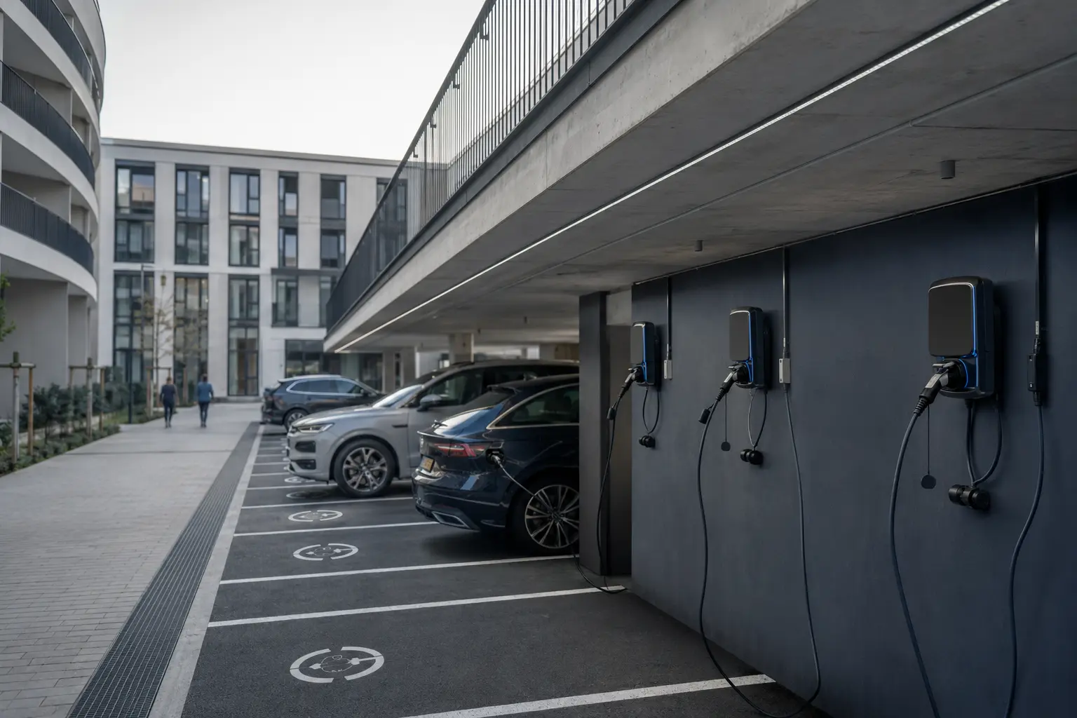 Wallboxen an überdachten Stellplätzen einer Wohn- und Gewerbeimmobilie