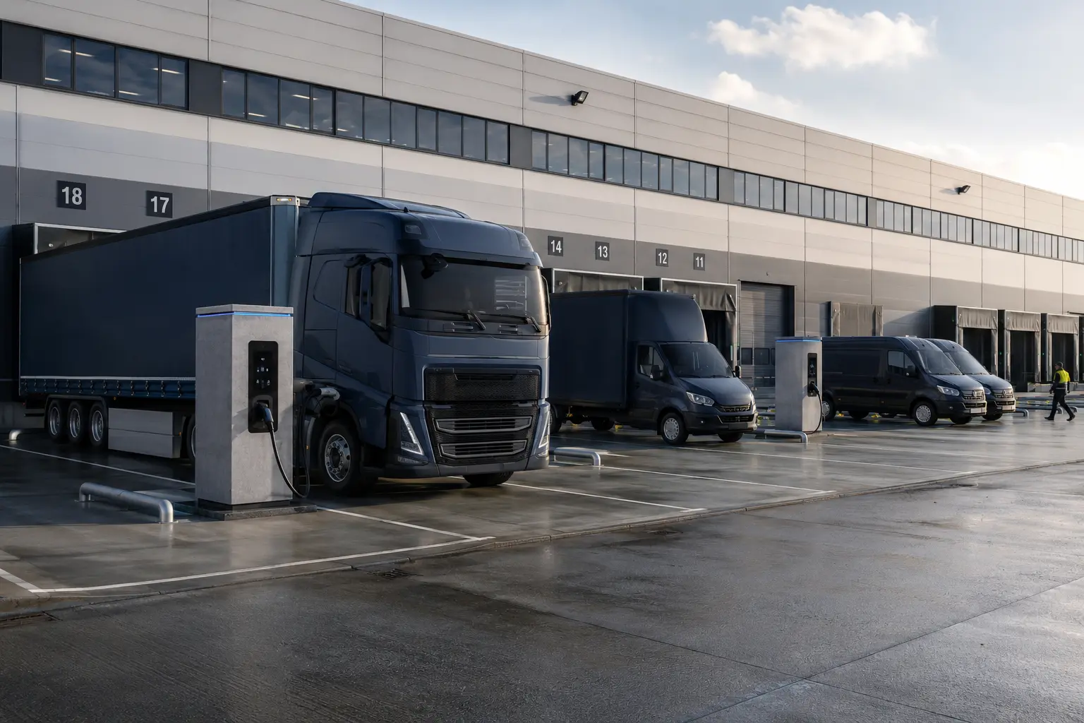 Elektro-Lkw laden an Ladesäulen vor einem Logistikzentrum